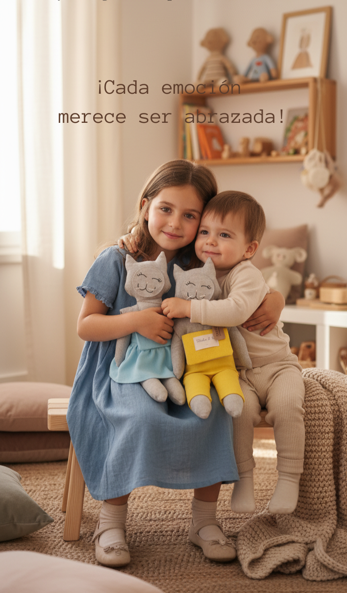 bébé con nuestra mascotas de las emociones, nuestro gatito Fifi, vestido de un mono rosa  y el bolsillo de la camisa esta cuidadosamente bordado a mano con el nombre del bébé