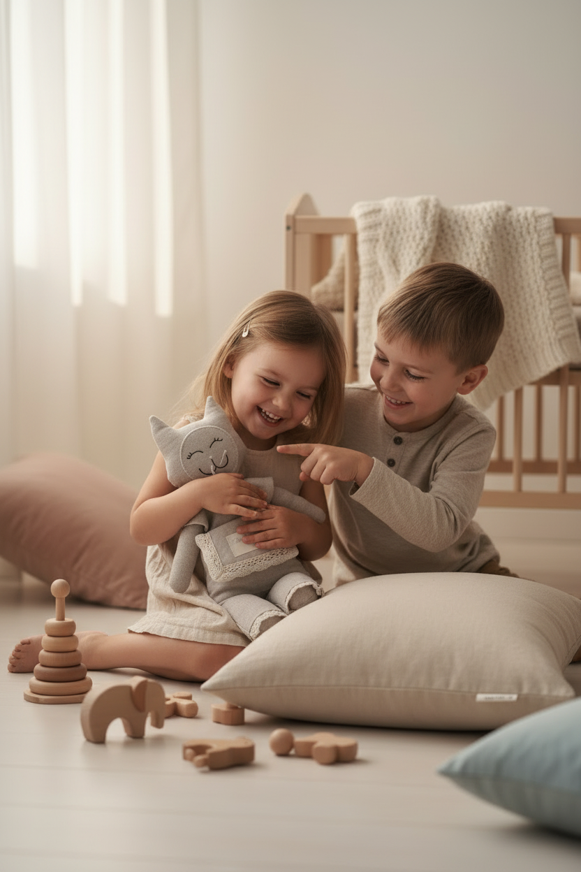 Hermanos jugando con muñeco Emoramis 35cm