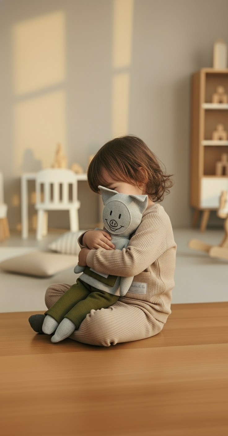 Niño en beige sin marcas con peluche Titela&Co